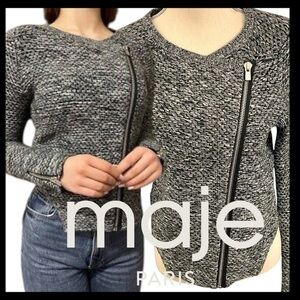 Maje Paris Salt & Pepper Wool Blend Zip Front Crop Back Cardigan Jacket (S)